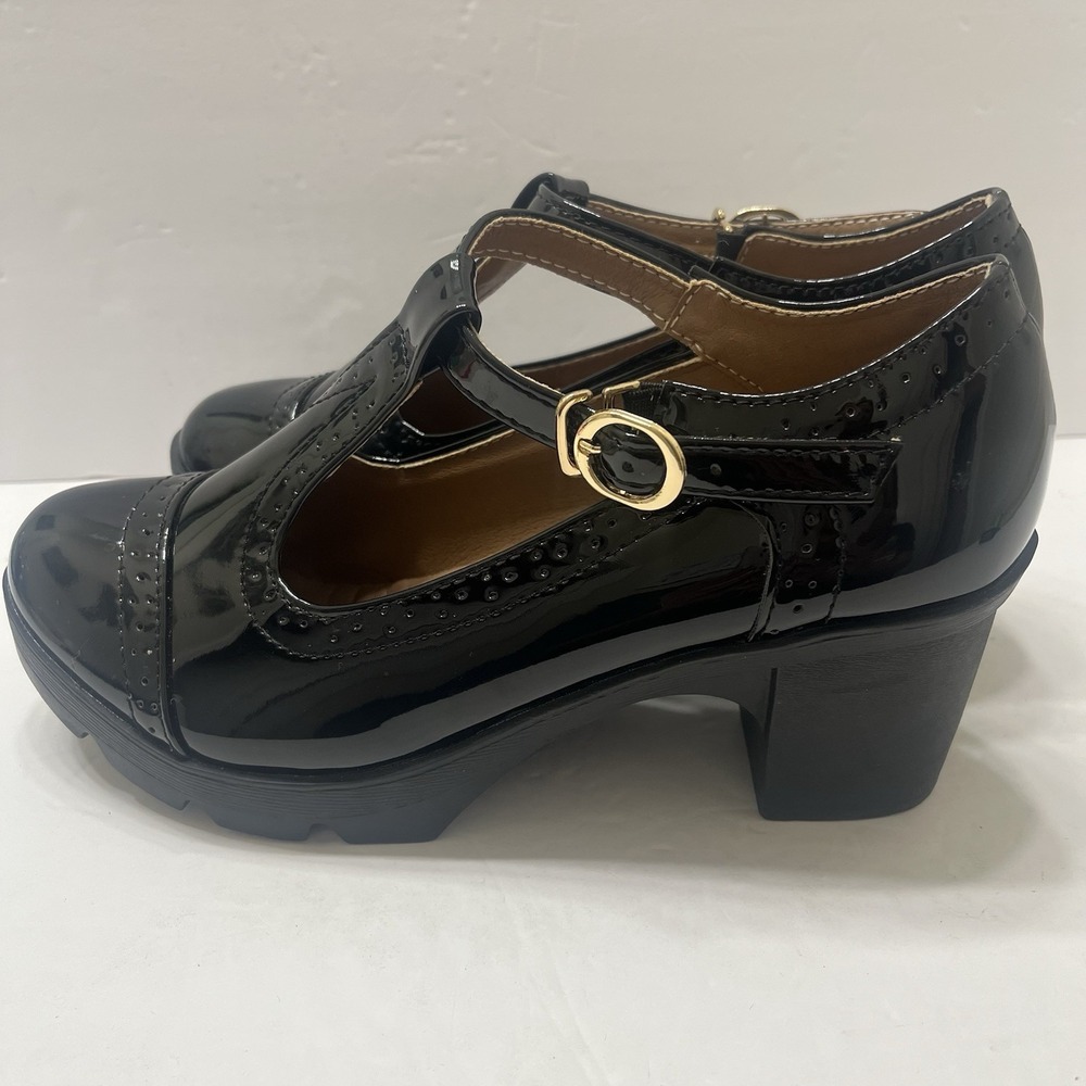Dadawen Chunky Platform Mary Jane's T-Strap Black Patent Leather Buckle 11.5